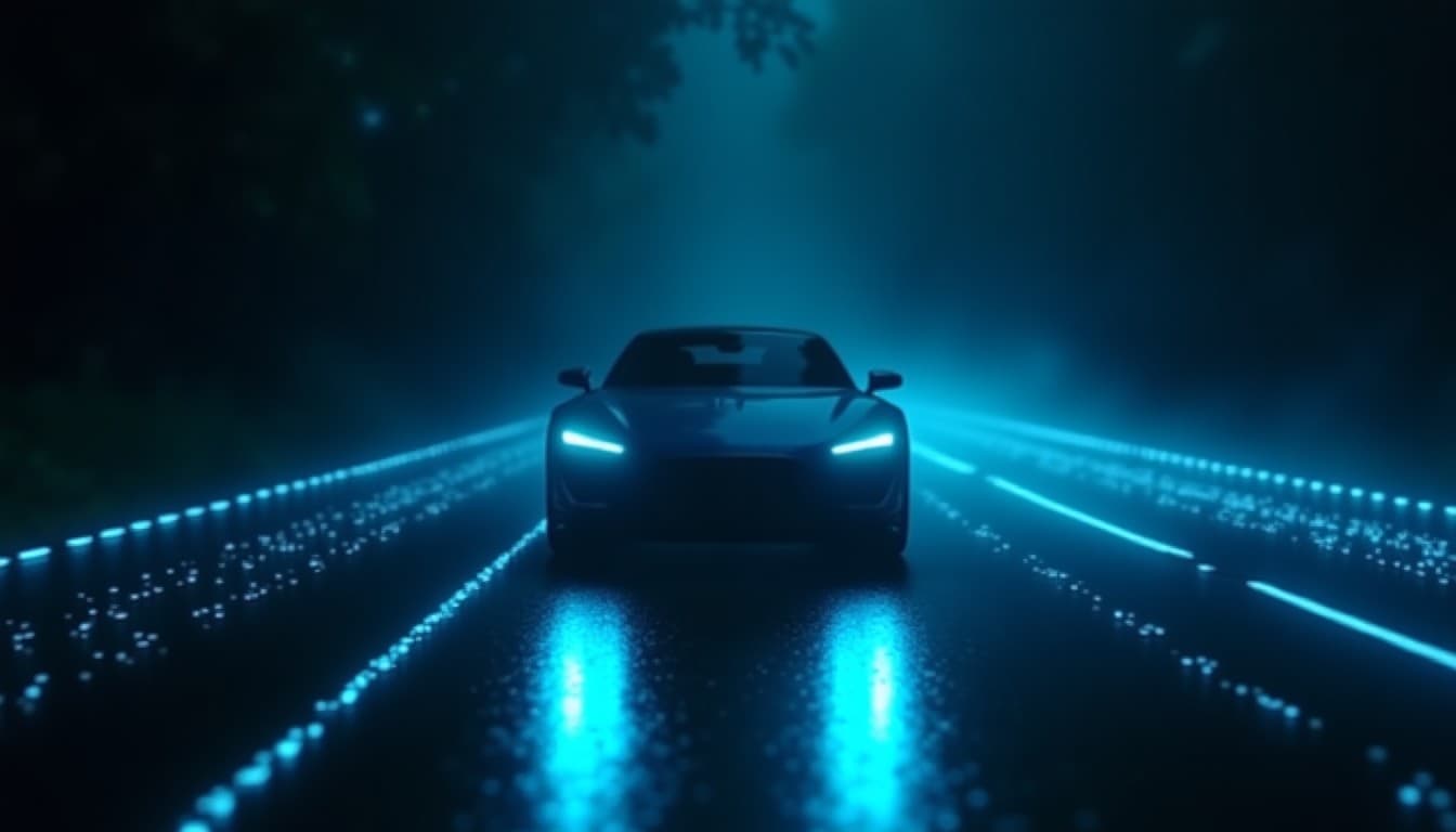 An autonomous vehicle on a wet night road traced by a cobalt-blue sensor grid