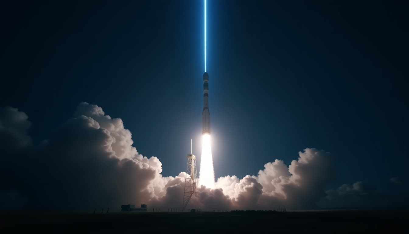 A reusable orbital rocket lifting off at dawn under a cobalt-blue light trail