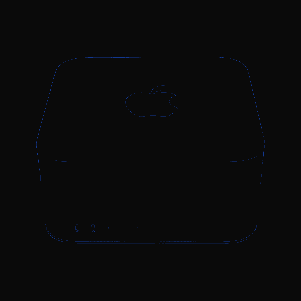 Stylized line drawing of the Apple Mac Studio (M3 Ultra)