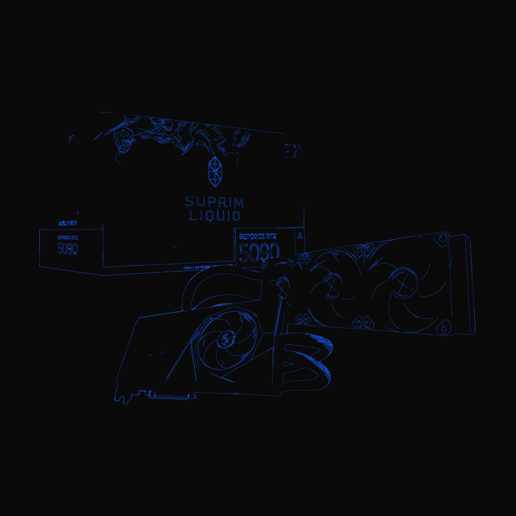 Stylized line drawing of the MSI GeForce RTX 5090 Suprim Liquid